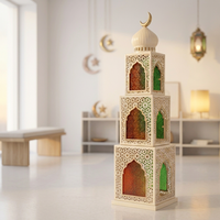 Lanterne à bougies marocaine à 3 niveaux en verre coloré et métal doré avec croissant de lune, pour la décoration de la maison et les mariages, collection Ramadan 2027