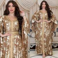 Magnifique Abaya Kaftan Marocain Femme, Robes de Soirée Arabes de Mariage Dorées, Abayas Musulmanes de Dubaï, Jalabiya de Mariée