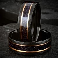 Ensemble de bagues en carbure de tungstène noir 8 mm et 6 mm avec opale bleue et feuille d'or, alliances pour hommes et femmes, accessoires de mode, cadeaux