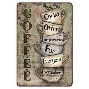 Любитель кофе Христос предлагает прощение для всех повсюду металлические вывески жестяная вывеска украшение стены бар подарки для паба 8x12 дюймов