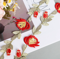 Nouvelle dentelle brodée à la main de 3,8 cm de large avec grandes fleurs et fil doré, accessoire DIY pour chapeaux et vêtements