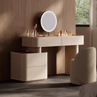 Ensemble coiffeuse moderne en cuir avec miroir de maquillage rond à LED, armoire de rangement à tiroirs et tabouret bouclé pour chambre à coucher