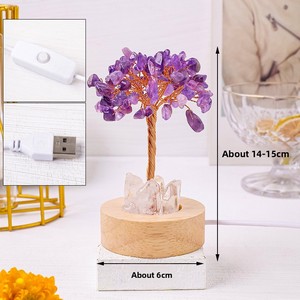 Árbol de la Abundancia de Cristal Natural, Pequeña Lámpara Nocturna, Clúster de Cristal Amarillo y Blanco, Luminoso, USB, Decoración de Ambiente para Mesita de Noche, 9 Cristales - Product Image 1