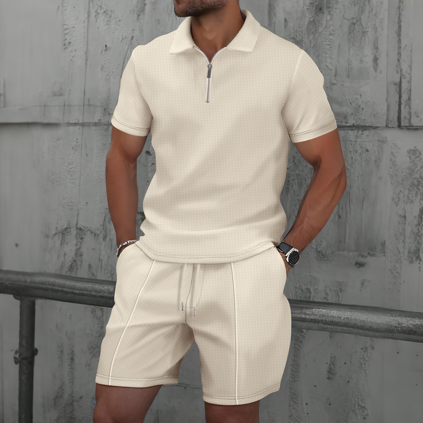 Summer Cross-Border Men's New Casual Set Waffle Zipper Solid Color Turn-Down Collar Short Sleeve T-Shirt Shorts