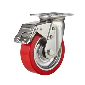 4 Inch Premium Polyurethane Swivel Plate Locking Casters Wheels Red PU Anti-wear Smooth Casters With Brake