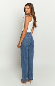 Jeans da Donna con Lavaggio Acido e Doppia Vita con Perle, Gamba Larga, Stile Dritto e Comodo, in Cotone 14OZ, Jeans Slim Baggy da Donna - Product Image 6