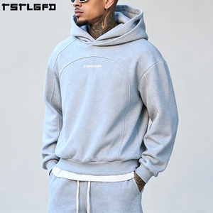 Sudadera con capucha doble personalizada, de peso pesado, gris melange, con paneles y costuras arqueadas, estilo streetwear, corte holgado, al por mayor - Product Image 4