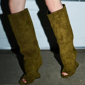 Botas de tacón alto de cuña para mujer, de ante, hasta la rodilla, con punta abierta, colores personalizados, para verano - Product Image 3