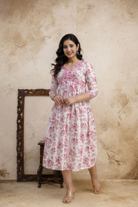 Elegante Vestido Midi Kurti de Encaje con Cuello en V en Blanco y Rosa para Mujer, con Botones en el Escote, Mangas y Detalle de Ribete, Ropa Casual Elegante - Product Image 3