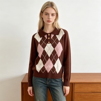 Pull-over décontracté à manches longues pour femme, col polo, en tricot jacquard Argyle, motif losanges, coupe décontractée, style preppy, automne