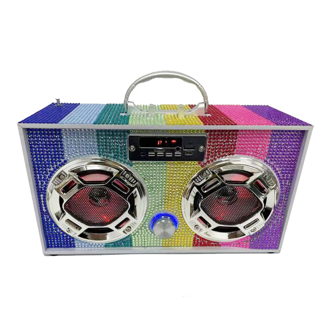 Rainbow Bling Rhinestone Jewel Black Diamond Outdoor BT Boombox Speakers with LED