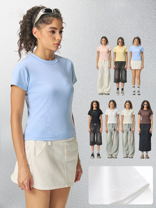 92.2% Cotton 7.8% Spandex <b>Women</b> <b>Short</b> <b>Sleeve</b> Basic Stretch T-<b>Shirts</b> Y2K 260Grams Going Out Tops Baby Tee - Product Image 2