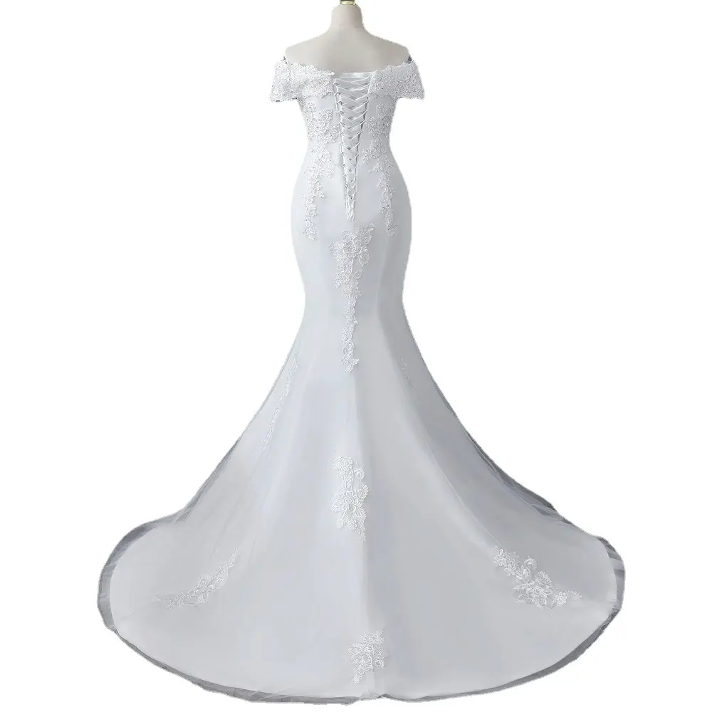 Mermaid Crepe Lace Appliqued Ivory Wedding Dress Elegant V Neck Wedding Dress Bridal Gown