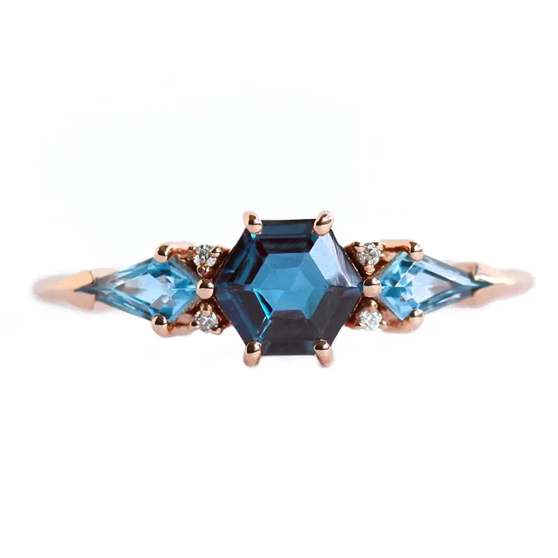 Hailer joyas 10k 14k 18k hexagon kite shape wedding rings rose gold alexandrite engagement blue stone ring