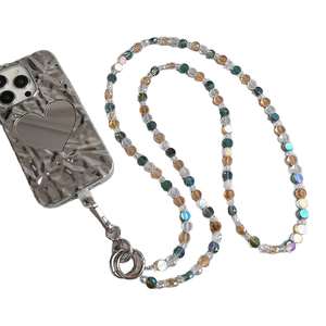 Circular Crystal PVC Mobile Phone Necklace Lanyard Heart Beads Shoulder Strap Handmade Durable Fashionable Crossbody Cell Phone