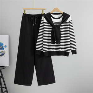 Ensemble professionnel tricoté automne-hiver pour femme – Pull rayé élégant et pantalon large – Deux pièces transfrontalières - Product Image 4