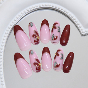 OEM 30 pièces <span class=keywords><strong>Faux</strong></span> ongles à presser œil de chat bordeaux, motif floral French Manucure, haute qualité, emballage personnalisé - Product Image 3