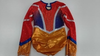Justaucorps de gymnastique pour enfants à manches longues, orange mystique, bas sublimé, en tissu nylon doux, scintillant, pour la performance, avec logo personnalisé