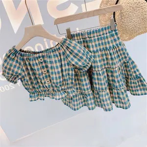 Blue Children Kids Baby 2個Girls Summer One Shoulder Plaid Blouse Crop Tops Baby Shirts And Skirts Dresses Clothes Set