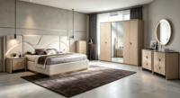 Ensemble complet de meubles de chambre de luxe français pour villa : lit plateforme en bois clair avec base dorée, armoire miroir, commode LED et tiroirs
