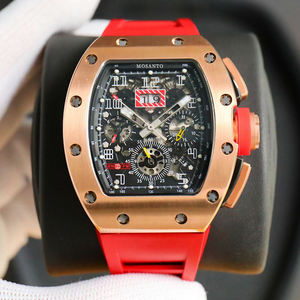Men's rose gold retro chronograph watch, hollowed-out automatic mechanical barrel-shaped watch, with <b>red</b> rubber strap - Product Image 1