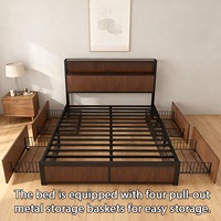 Lit de rangement moderne Queen Size avec tête de lit en bois de chêne, 4 tiroirs de rangement, port de charge USB, structure en acier robuste, design plateforme, facile à monter