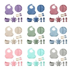 Bộ đồ ăn silicon cấp thực phẩm 8 món cho trẻ em Yếm trẻ em chia đĩa ăn tối cốc hút bao gồm bát muỗng nĩa - Product Image 2