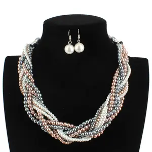 Fashion Vintage Wedding Huge Bridal Champagne Statement Chunky Twisted Pearl Necklace Earrings Jewelry Set