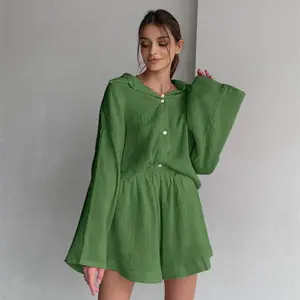 Enyami Otoño Invierno algodón traje de Casa ropa de dormir blusa de un solo pecho pantalones cortos sueltos Co Ord conjuntos mujeres