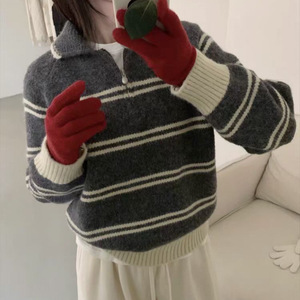 Suéter de punto a rayas con cuello medio cremallera, talla única, estilo coreano, ropa informal de moda para otoño e invierno para mujer - Product Image 1