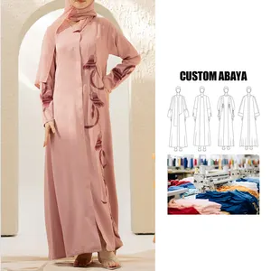 伊斯兰服装定制开斋节刺绣迪拜穆斯林服装abaya头巾2件套批发点缀粉粉色abaya套装
