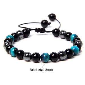 Classic Mix Natural Stone Tiger Eye Hematite Black Agate Beaded Rope Bracelet Men JBS12326