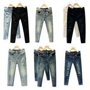 Pantalones vaqueros ajustados con parche antiguo de imitación de cintura alta para <span class=keywords><strong>hombre</strong></span>, pantalones pitillo informales ajustados con patrón sólido y tela recubierta - Product Image 1