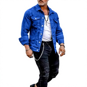 Veste en jean bleu délavé pour homme, col montant, style décontracté, fermeture à bouton unique, coupe ajustée, longueur standard, en vente - Product Image 2