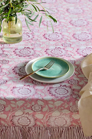 Nappe à volants à imprimé floral moutarde avec bordure rayée, nappe vintage en coton rose pâle pour salle à manger