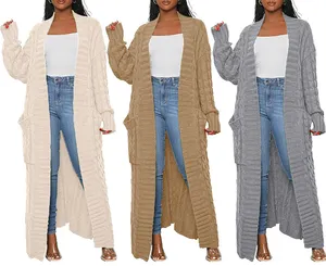 Dames Winter Effen Kleur Lange Trui Jas Chunky Kabel Gebreide Super Lange Maxi Cardigan