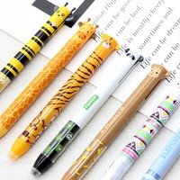 Stylo effaçable en bambou bicolore à pression latérale avec motif d'animaux de dessin animé (tigre, abeille, oreilles) pour le bureau et l'école