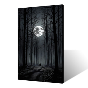 Impression sur toile d'art numérique contemporaine et moderne, écologique, avec paysage forestier noir et blanc, pour usage intérieur, voyageur solitaire - Product Image 2