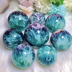 Vente en gros de sphères de cristal de fluorite verte naturelle, plumes de neige, décorations Reiki, Feng Shui - Product Image 2