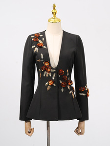 Chaquetas informales para <span class=keywords><strong>mujer</strong></span> con diseño de empalme floral elegante, <span class=keywords><strong>trajes</strong></span> y chaquetas de manga larga con cierre de un solo botón y decoración tejida - Product Image 2