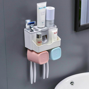 Luxury Home Fashionable Strong Sticker Wall Mounted Automatic <strong>Toothpaste</strong> <strong>Dispenser</strong> &amp; Toothbrush Holder Set With Two Cups - Product Image 2