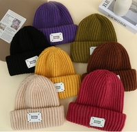 Bonnet en tricot côtelé uni avec étiquette tissée, chaud pour l'hiver, à revers, unisexe, logo personnalisé, vente en gros, motif 100% personnalisable