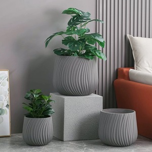 Pot de fleurs en céramique gris fait main, décoratif pour la maison, en fibre d'argile, grand pot de fleurs d'intérieur - Product Image 3
