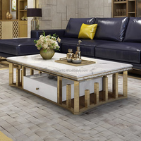 Nouvelle table basse en acier inoxydable doré avec plateau en marbre blanc et tiroir