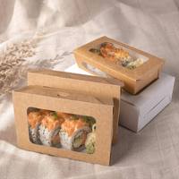 Boîte à sushi en kraft 3 tailles avec double fenêtre, conteneur à sushi jetable pour emporter, boîte d'emballage alimentaire personnalisée avec logo OEM en gros