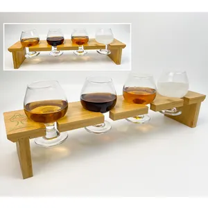 Rustic Wood Beer Flight Liquor Tasting Set with 4 Snifter Style Drinking Glasses and Bamboo Serving Tray