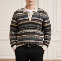 Pull Polo Homme Personnalisé OEM à Col Revers, Manches Longues, Motif Fair Isle Nordique, Chaud pour l'Hiver, Vente en Gros, Tricot d'Affaires