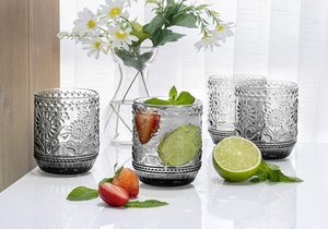 Ensemble de 4 verres à boire Vintage de 4 pouces 12 oz, verrerie verte décorative luxueuse en relief Floral, - Product Image 4