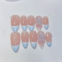 Lot de 10 faux ongles French manucure bleus à fleurs, faits main, forme squoval, nude rose bleu, avec perles 3D, pack varié