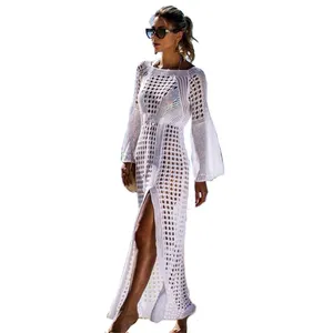 2023 Phụ Nữ O-Cổ Dệt Kim Sexy Dài Bãi Biển Ăn Mặc Crochet Bãi Biển Bìa Up Áo Tắm Cover-UPS